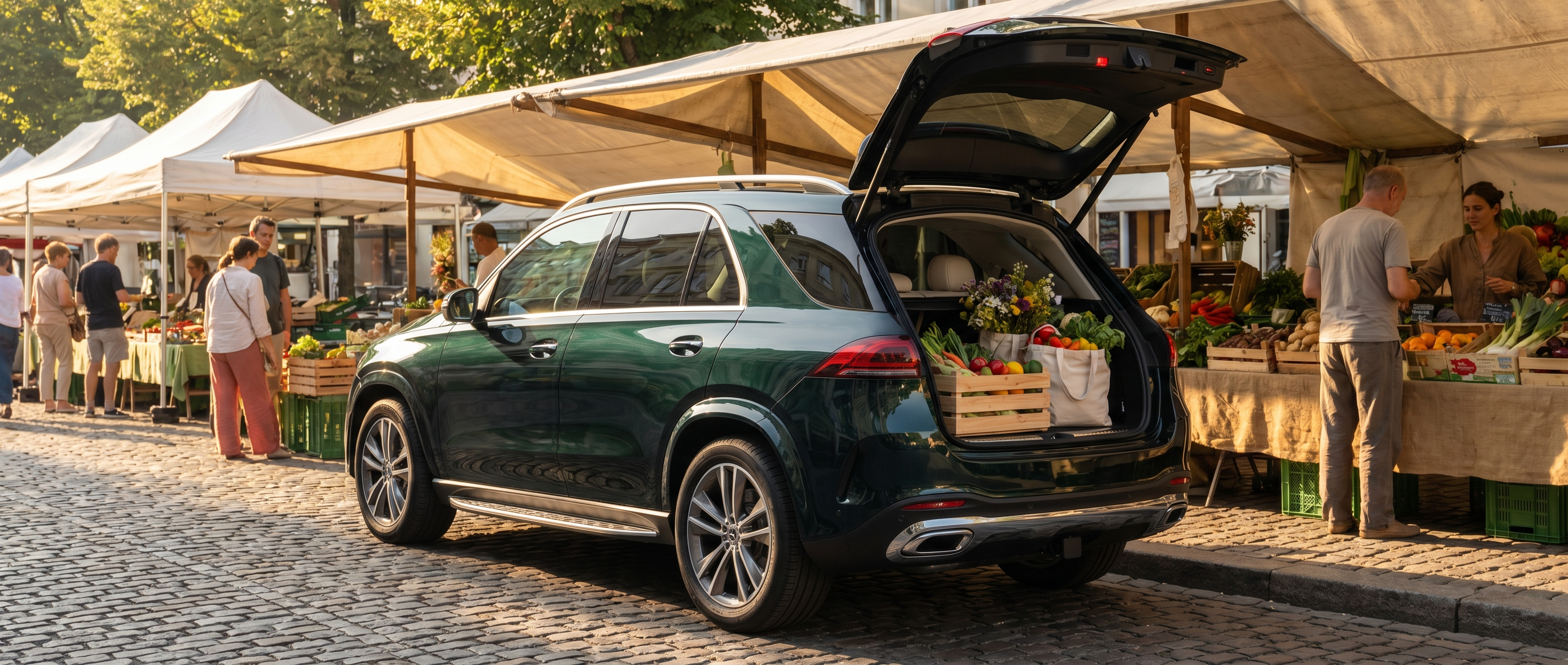 Mercedes-Benz SUV loaded with farmers market produce in Duluth, GA